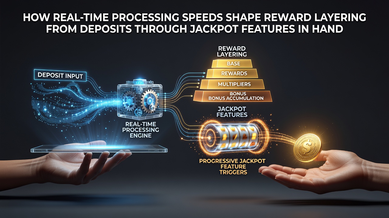 Diagram showing how processing speed connects deposit rewards through bonus layers to jackpot eligibility in portable gaming apps