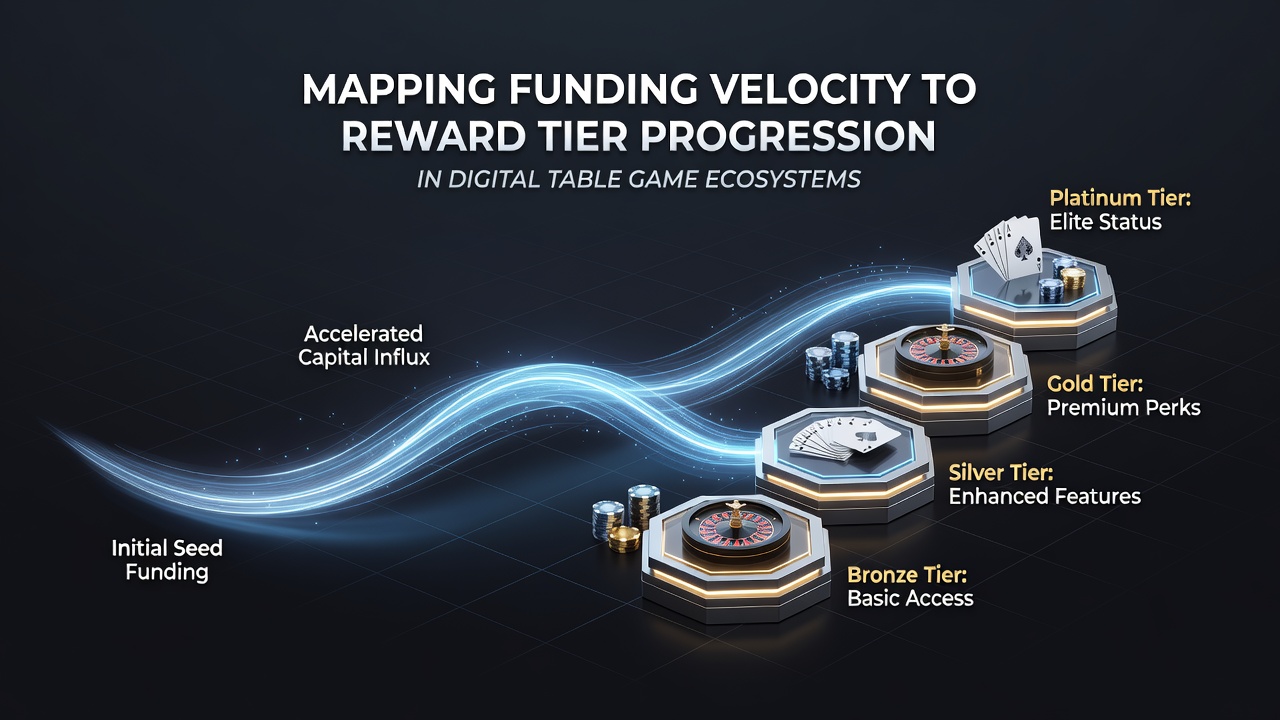 Digital table game interface showing funding velocity metrics and tier progression indicators