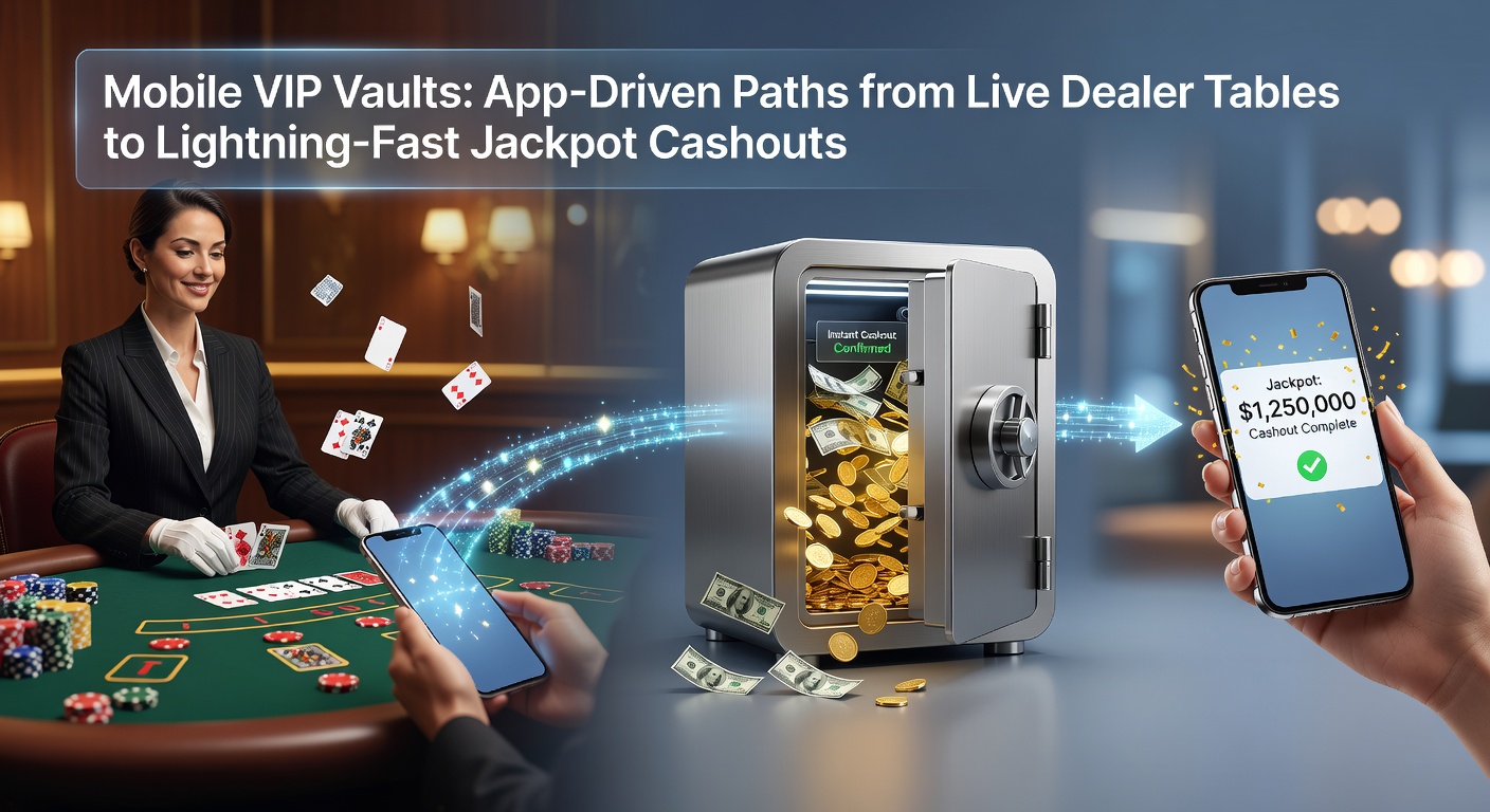 Smartphone screen displaying a mobile casino app with VIP vault interface, live dealer table, and jackpot meter glowing in the background