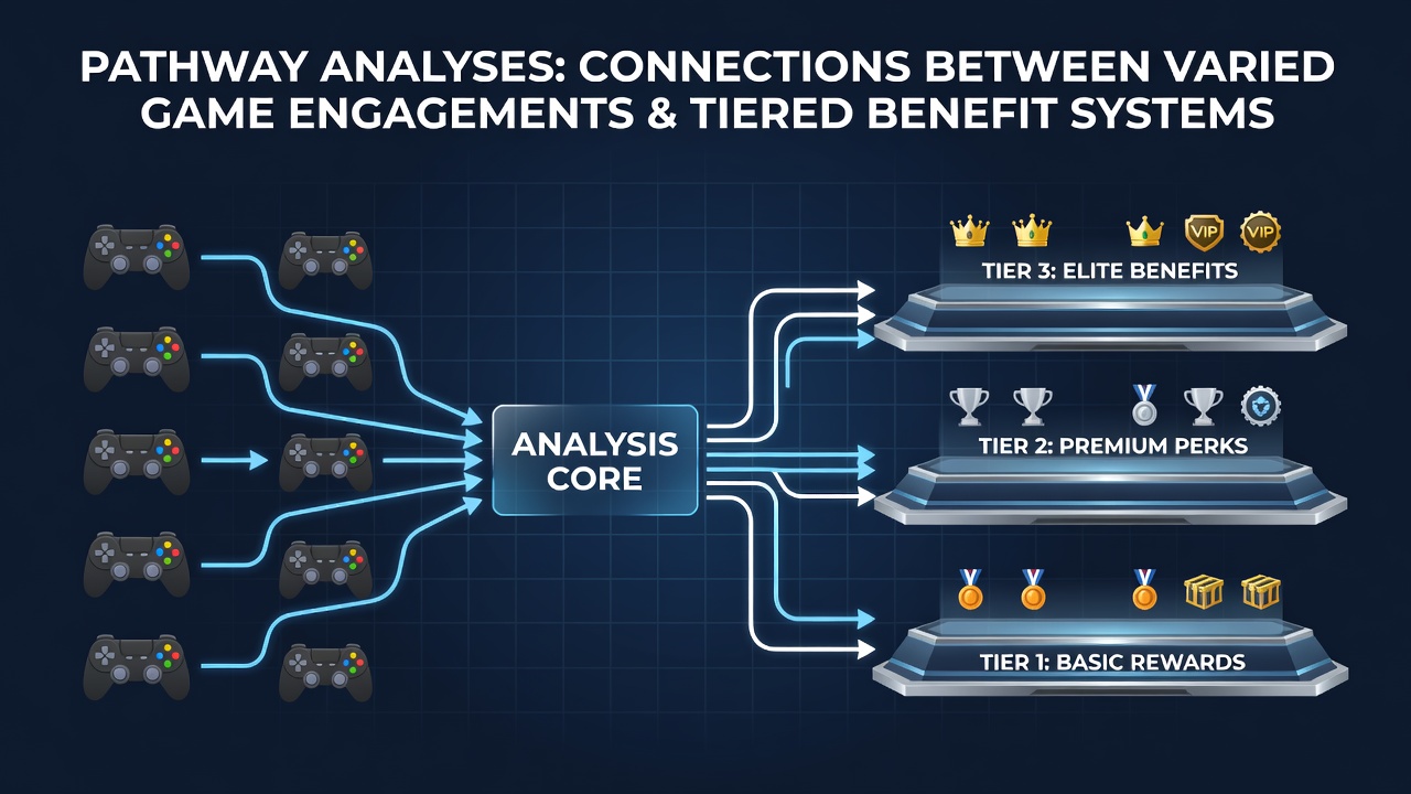 Diagram illustrating user pathways from varied game types to escalating reward tiers in mobile apps