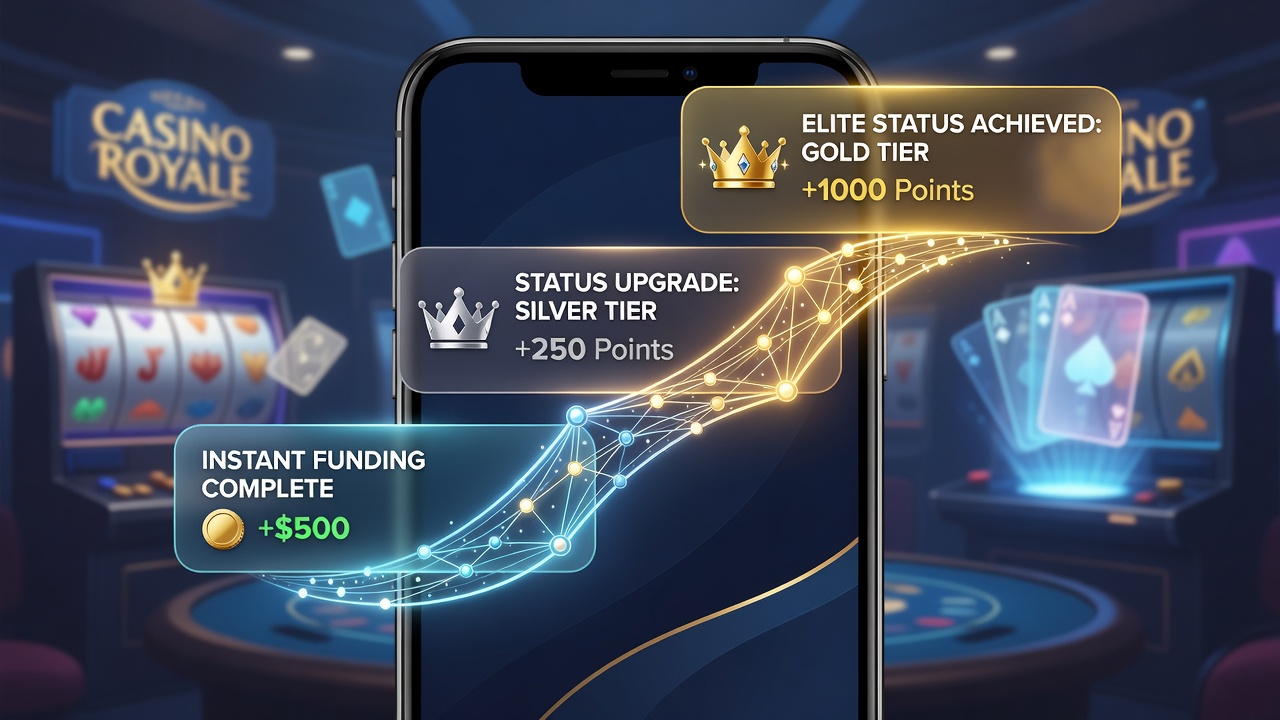 Close-up of layered VIP status icons and notification banners on a mobile casino interface