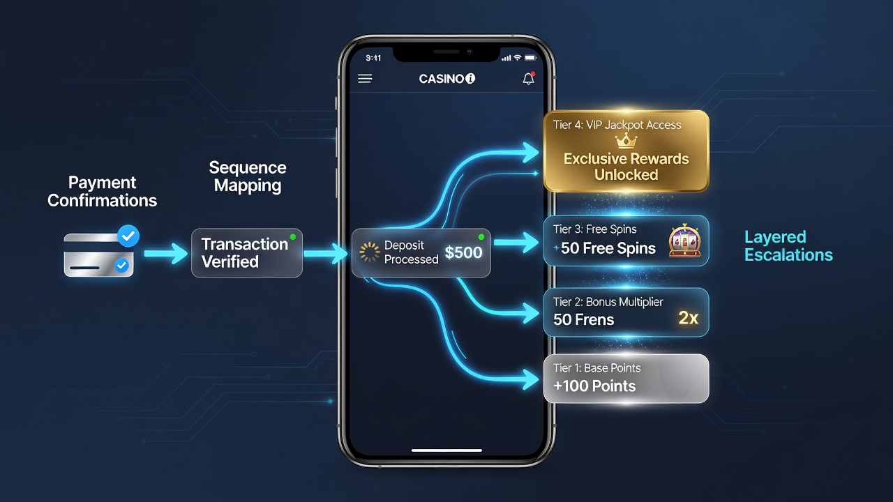 Mobile casino interface showing reward tier progression dashboard after payment confirmation